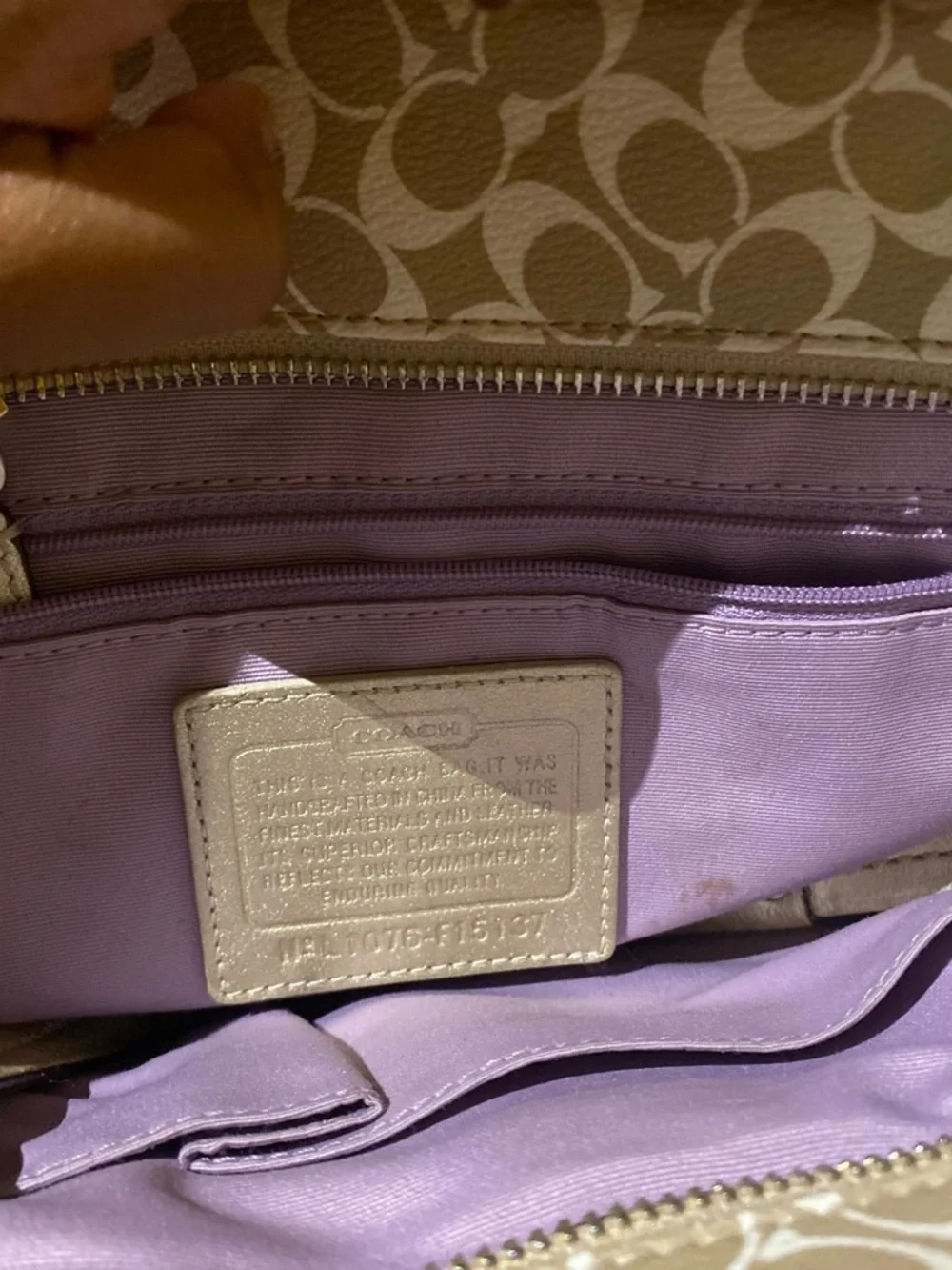 Coach Beige Signature Tote with Gold Trim and White Stripe